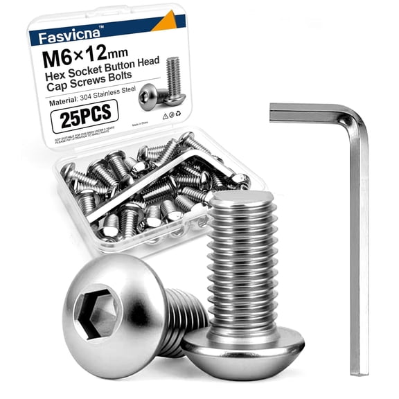 25 Pack M6x12 Button Head Socket Cap Screws, 304 Stainless Steel Hex Drive Fully Machine Thread Screws for Furniture Assembly, Mechanical Fastening & Bracket Mounting