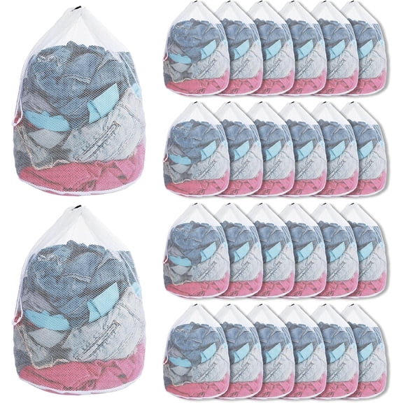 25 Pack Mesh Laundry Drawstring Bags, 20" x 24" Washing Machine Wash Bag Heavy Duty Washable Large Net Laundry Bag for Travel, College, Dorm, Apartment, Camping, Laundromat(White)