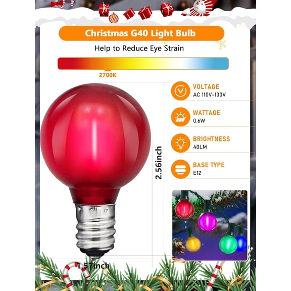 25 Pack Multicolor G40 LED Replacement Bulbs, E12/C7 Candelabra Base Shatterproof LED Globe Edison Bulbs for Christmas String Lights, 2700K Warm White, Frosted