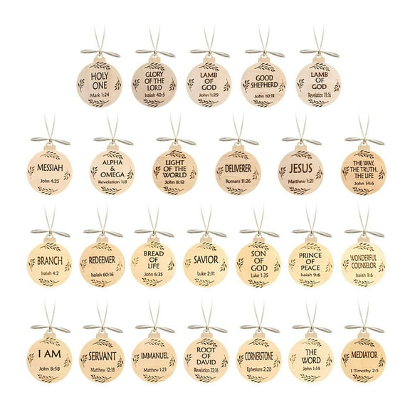 25 Pack Names of Jesus Ornaments, 5 cm / 2 inch Diameter | Name of Jesus Advent, Wood Hanging Ornaments with Savior Names, Ornaments for Christmas Tree Decor