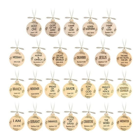 25 Pack Names of Jesus Ornaments, 5 cm / 2 inch Diameter | Name of Jesus Advent, Wood Hanging Ornaments with Savior Names, Ornaments for Christmas Tree Decor