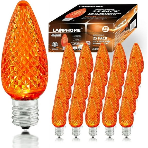 25 Pack Outlet Faceted C9 Christmas Lights, Holiday Decorative Light Bulb, 0.9 Watts, E17 Intermediate Base, Faceted Christmas Lights, Orange