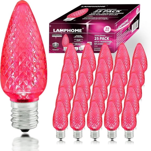 25 Pack Outlet Faceted C9 Christmas Lights, Holiday Decorative Light Bulb, 0.9 Watts, E17 Intermediate Base, Faceted Christmas Lights, Pink