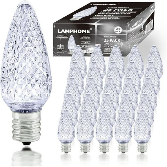 25 Pack Outlet Faceted C9 Christmas Lights, Holiday Decorative Light Bulb, 0.9 Watts, E17 Intermediate Base, Faceted Christmas Lights, White