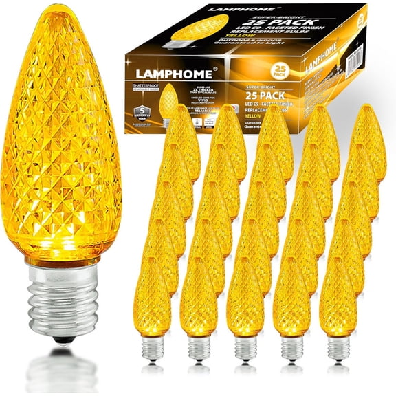 25 Pack Outlet Faceted C9 Christmas Lights, Holiday Decorative Light Bulb, 0.9 Watts, E17 Intermediate Base, Faceted Christmas Lights, Yellow