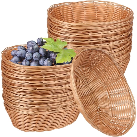 25 Pack Oval Poly Wicker Basket, 9 x 6 x 2.6 Inch Poly Wicker Bread Baskets, Medium Size Gift Baskets for Kitchen, Christmas Gifts, Centerpiece Display, Storing Bread, Fruits, Vegetables, by