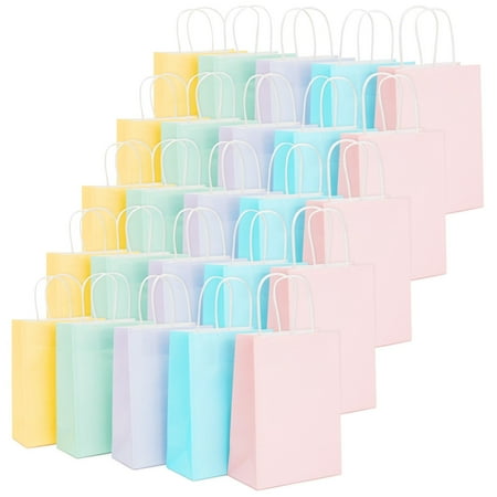 25-Pack Pastel-Colored Paper Gift Bags with Handles for Goodies, Birthday Party Favors, Colorful Party Bags, Baby Shower Supplies, 5 Rainbow Colors (6.3 x 3.2 x 8.7 Inches)