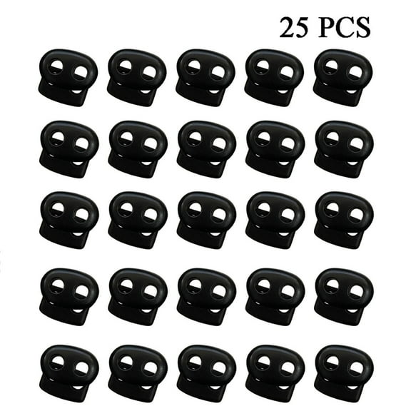 25 Pack Plastic Cord Lock End Toggle, Double Hole Spring Stopper Fastener Slider Toggles for Drawstring, Black, 25 Pieces