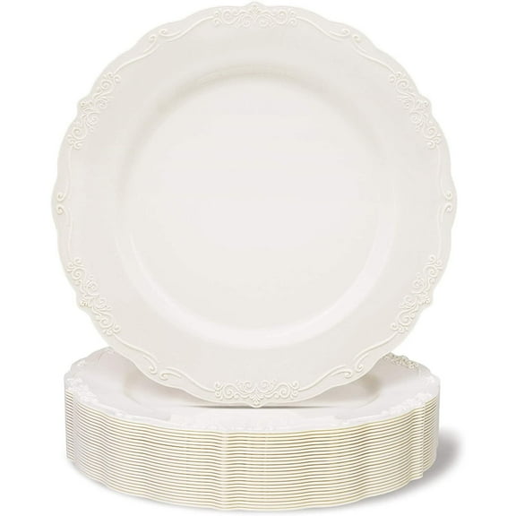Juvale Disposable Plastic Dinner Plates - Cream Disposable Dinnerware for Weddings & Bridal Showers - Vintage Plastic Dinner Plates for Weddings & Parties - 10 in, Pack of 25, Cream