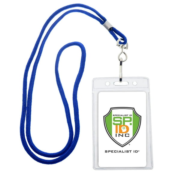 25 Pack - Premium Name Tag Badge Holders with Lanyards - Vertical Clear Plastic Card Pouch and Lanyard Holder for School and Events by Specialist ID (Royal Blue)