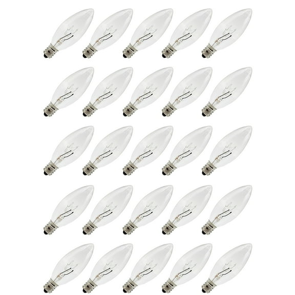25 Pack Replacement Light Bulbs for Electric Window Candles, Candle Lamps, Chandeliers - 7w E12 Candelabra, Clear Torpedo Shape, Steady Burning, 120v 7w Bulb