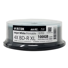 25 Pack Ritek BD-R XL BDXL 100GB Archival Grade Triple Layers 4X White Inkjet Hub Printable Blank Recordable Disc in Spindle