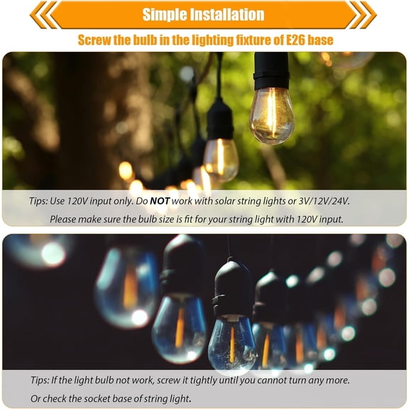 25 Pack S14 String Light Bulbs, 1W LED Shatterproof Outdoor Bulbs for String Lights, 2200K Amber Warm White, E26 Base, AC120V, Non-Dimmable