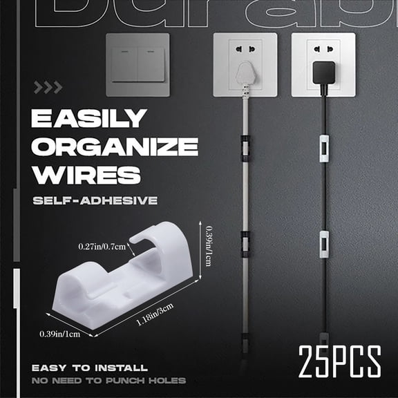 25-Pack Self-Adhesive Cable Clips (White) - Wire Organizer Holder for Desk, Wall & Home. No Drilling, Strong Hold on Smooth Surfaces!