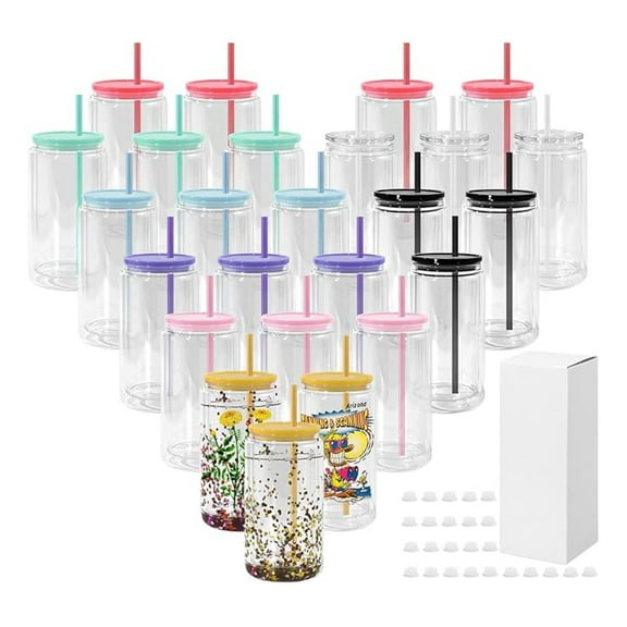 25 Pack Snow Globe Sublimation Double Wall Glass Blanks With colorful lid and straw 16 oz Sublimation SnowGlobe Pre Drilled Beer Can Glass Cup, Glitter Snow Globe Cup for DIY