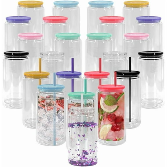 25 Pack Snow Globe Tumbler, 16 oz Snowglobe Cups Glass Pre Drilled Sublimation Double Wall Glass Blanks with Colorful Lid and Straw for Glitter Snow Globe DIY Party Whiskey Cocktail Bar