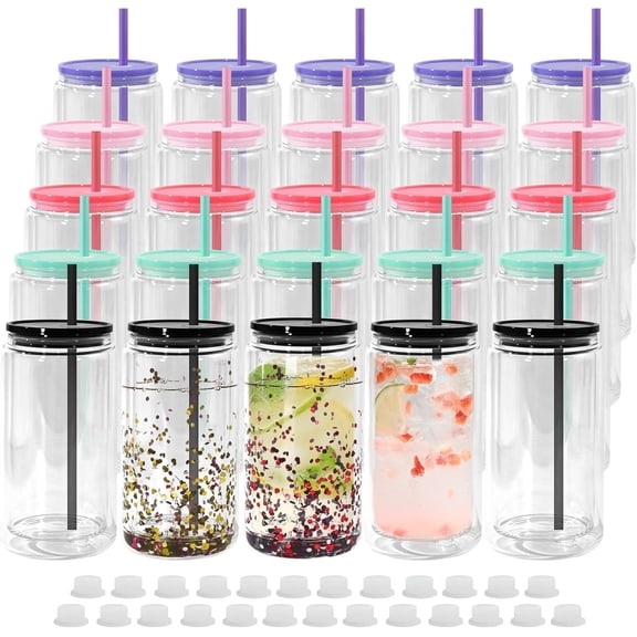 25 Pack Snow Globe Tumbler, 16oz Snowglobe Cups with Pre Drilled Hole, Double Wall Plastic Cups Blanks with Colorful Plastic Lid and Straw for DIY Glitter Gifts