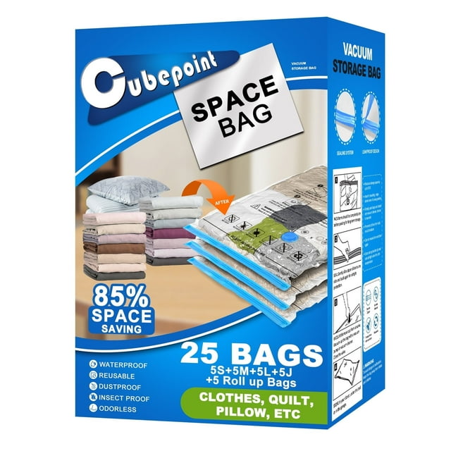 Cubepoint 25 Pack Space Bags Vacuum Storage Bags,Space Saver Seal Bags for Travel,Save Space for Clothing, Quilts, Pillows, Comforters Storage