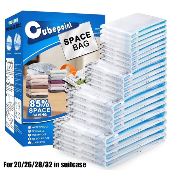 Cubepoint 25 Pack Vacuum Seal Bags for Clothing Travel, Vacuum Bags for Travel, Compression Bags for Luggage and Suitcase,Vacuum Storage Bags for Clothes, Quilts, Pillows, Comforters
