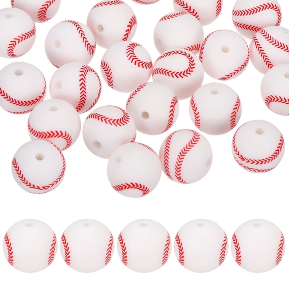 25-Pack Sports Ball Beads 15mm White Round Loose Rubber Baseball Beads for DIY Crafts/Bracelet/Necklace