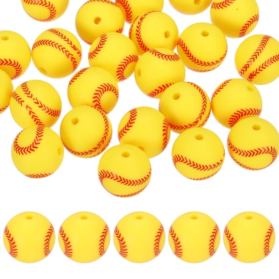 25-Pack Sports Ball Beads 15mm Yellow Round Loose Rubber Baseball Beads for DIY Crafts/Bracelet/Necklace