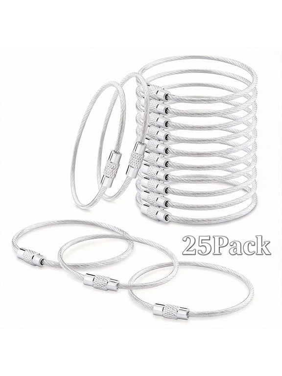 25 Pack Stainless Steel Wire Keychains, 2mm Heavy Duty Coated Cable Key Rings, 6 Inch Silver Hanging Loops for Luggage Tags, Car Keys, ID Tags, and Kitchen Utensils