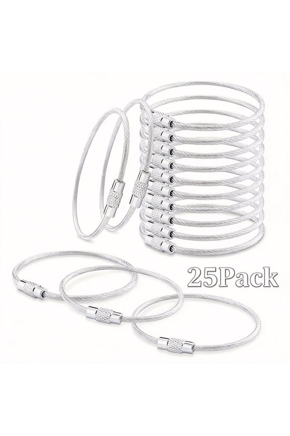 25 Pack Stainless Steel Wire Keychains, 2mm Heavy Duty Coated Cable Key Rings, 6 Inch Silver Hanging Loops for Luggage Tags, Car Keys, ID Tags, and Kitchen Utensils
