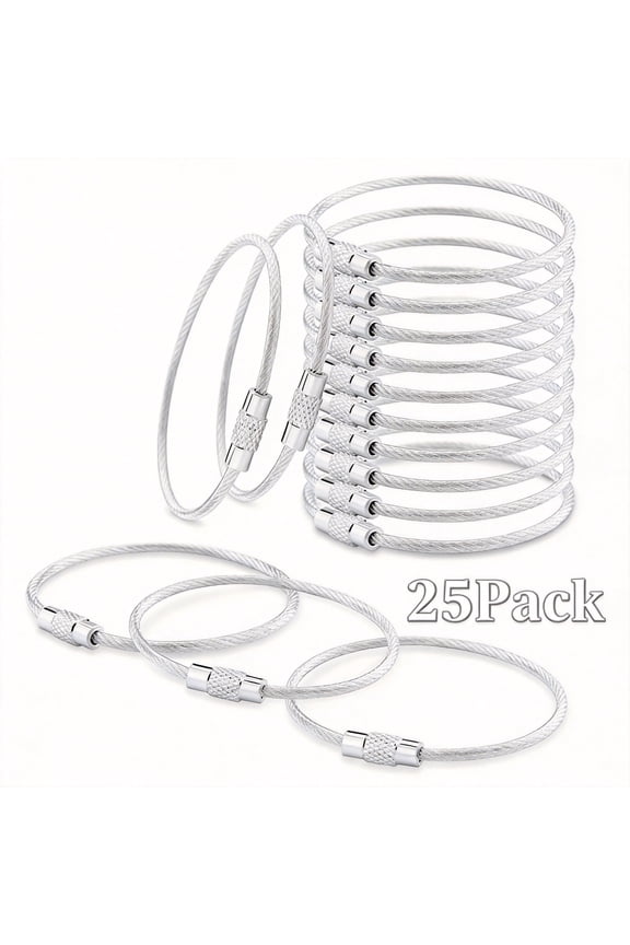 25 Pack Stainless Steel Wire Keychains, 2mm Heavy Duty Coated Cable Key Rings, 6 Inch Silver Hanging Loops for Luggage Tags, Car Keys, ID Tags, and Kitchen Utensils