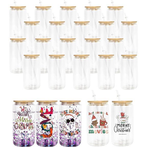 25 Pack Sublimation Glass Blanks Transparent Double Wall Cans, 16 OZ Sublimation Tumblers Snow Globe Glass Drinking Cups with Lid & Straw, Coffee Cup, Water Bottle for Juice, Soda