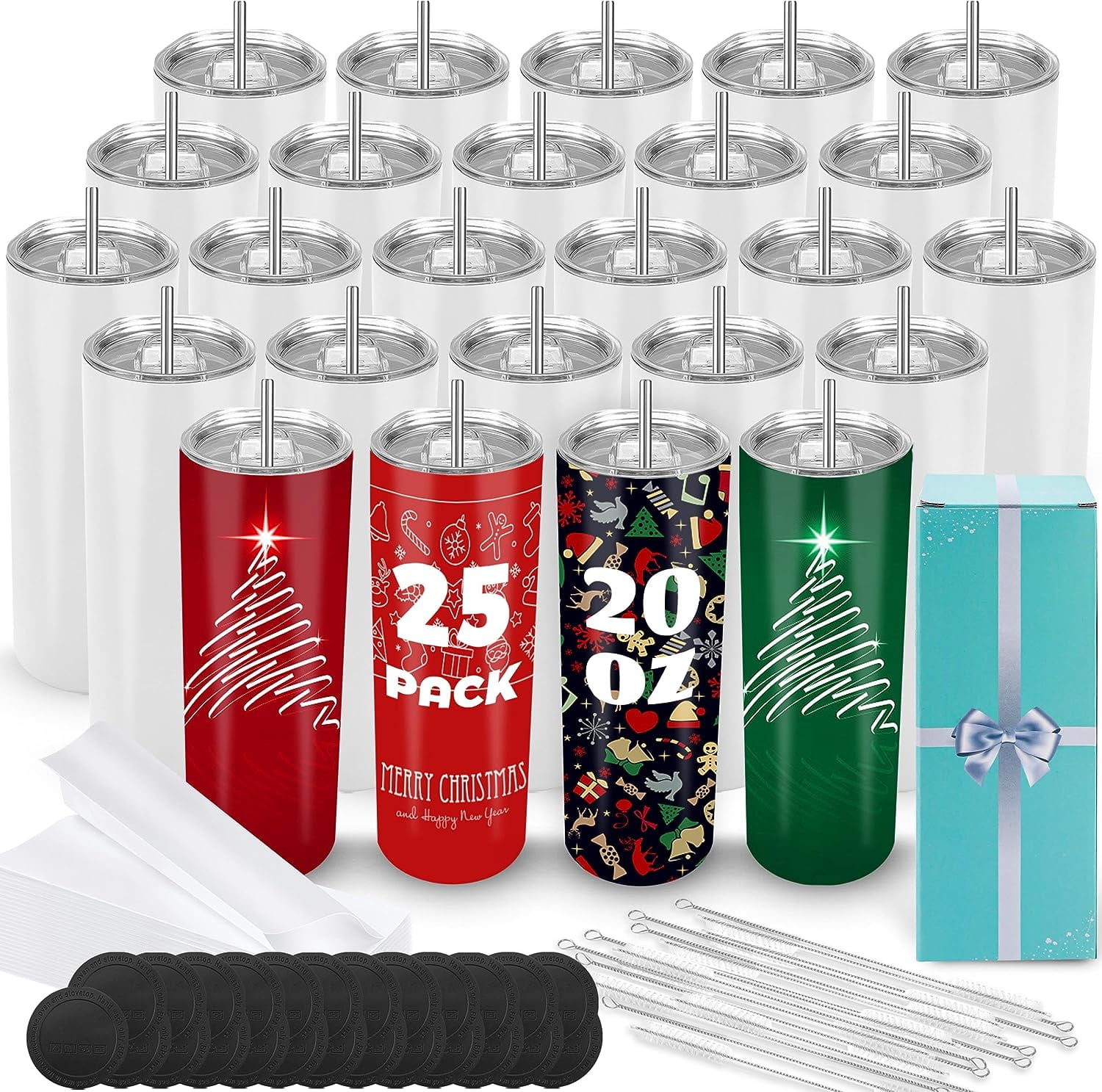 25 Pack Sublimation Tumblers Bulk 20 oz Skinny Straight Blank Tumbler Cups  with Individual Gift Boxed for Heat Transfer DIY Craft