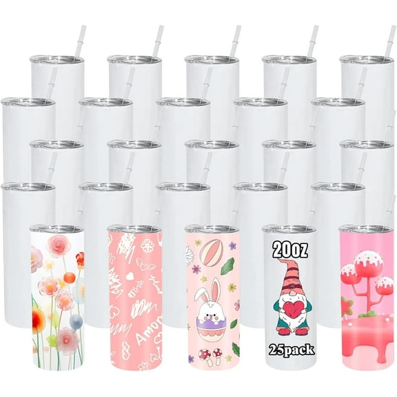 25 Pack Sublimation Tumblers, 20 oz Sublimation Tumbler Blanks Stainless Steel Double Wall Insulated Water Bottle Cups DIY for Heat Press Machine, Individually Boxed, Plastic Straw