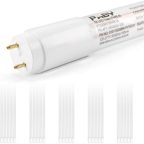 25 Pack T8 LED 4FT Type B Tube Light, 18W(40W Equivalent), 2300LM 5000K, Ballast Bypass, Single & Double Ends Power Input 120-277V, T8 T12, UL, FCC