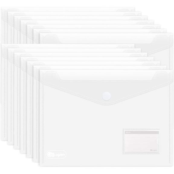 25 Pack Transparent Plastic Envelope Folders, A4 Letter Size, 100% Clear, Hook & Loop Closure, Label Pocket, Easy Stora