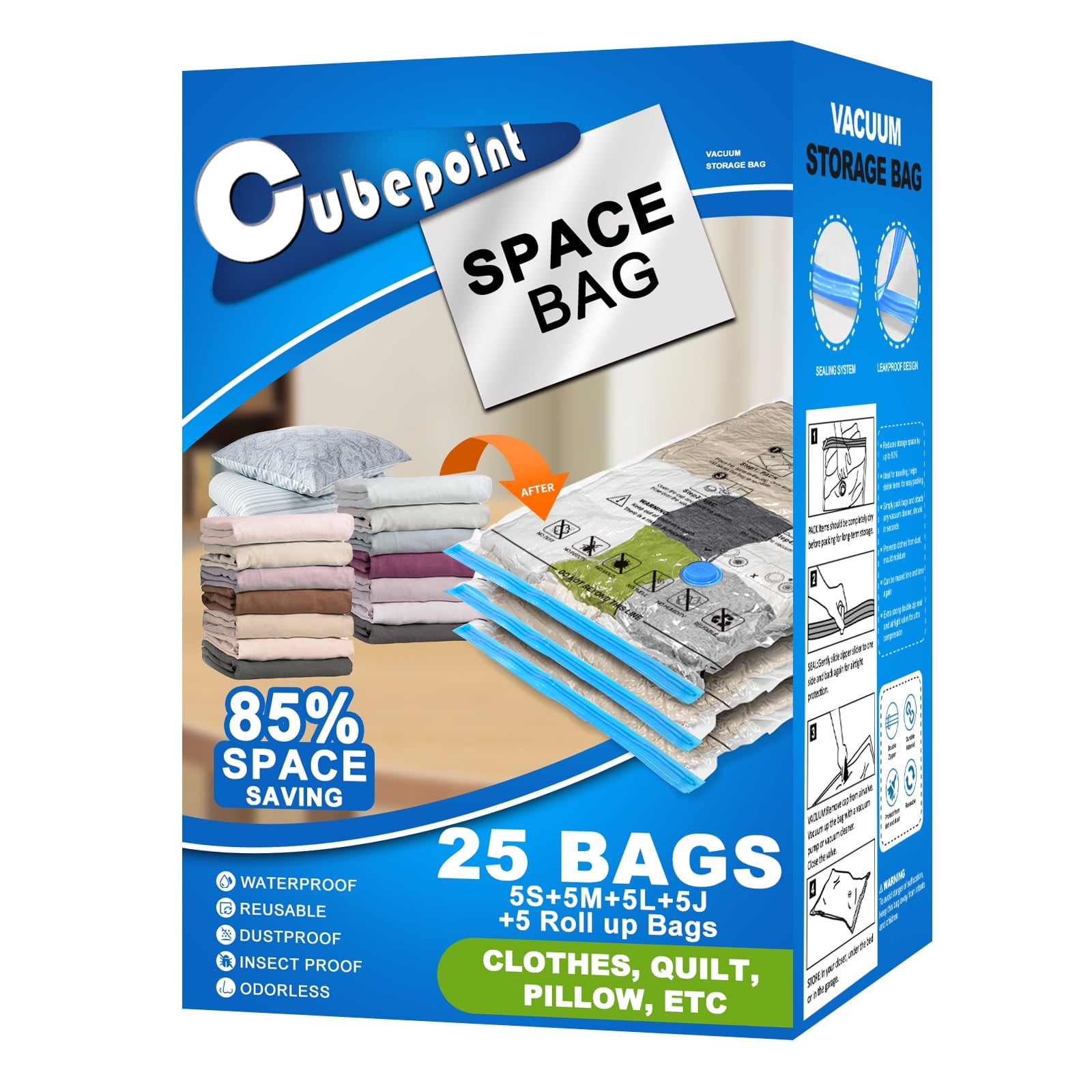 25 Pack Space Bags Vacuum Storage Bags,Space Saver Seal Bags for Travel,Save Space for Clothing, Quilts, Pillows, Comforters Storage