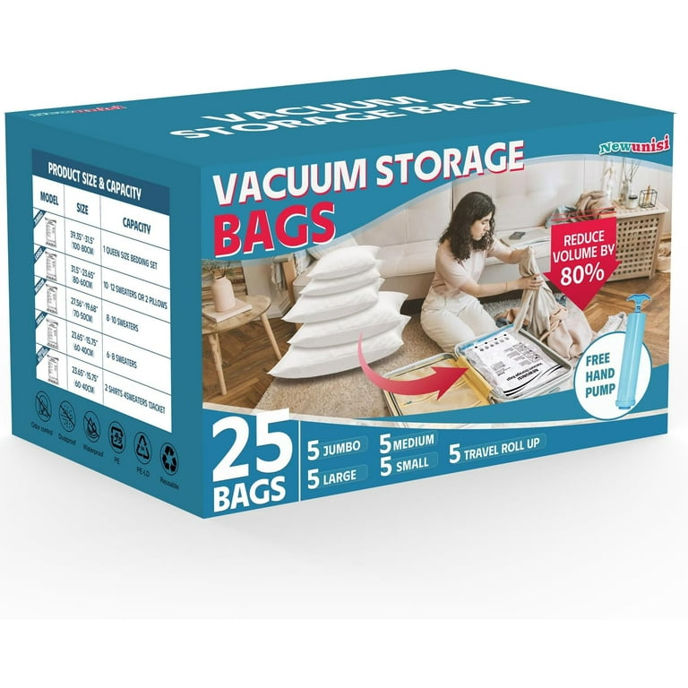 30 Pack Vacuum Storage Bags With Hand Pump - Space Saver Bags For Blankets, Clothes, Comforters (5 Jumbo, L, M, S, Roll M, S)