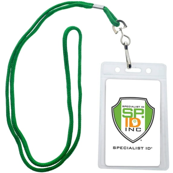 25 Pack Vertical ID Name Badge Holders with Lanyards (Business Card Size) by Specialist ID (Green)