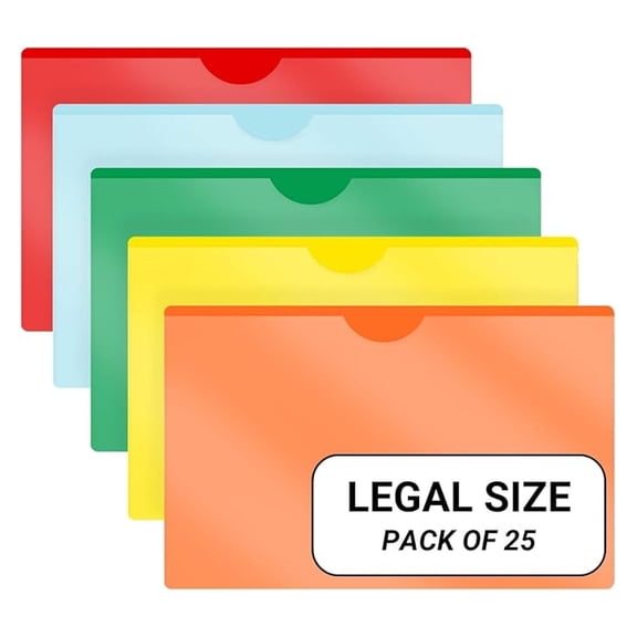 - 25 Pack, Vinyl Plastic Pocket File Folders Closed Sides, Legal Size, Clear Front Top Loading Job , Documents Holder for Office, High School and Medical Files, 5 Assorted Colors