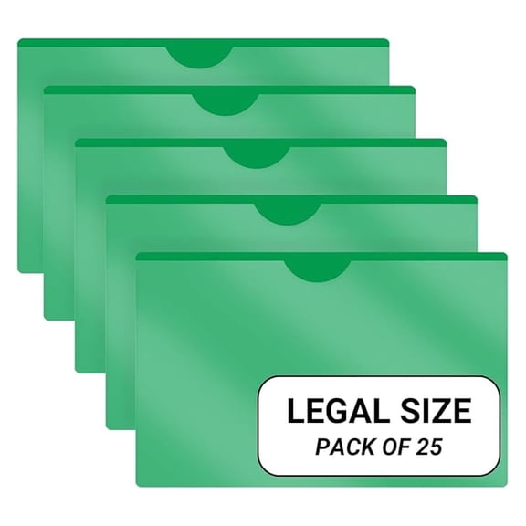 - 25 Pack, Vinyl Plastic Pocket File Folders Closed Sides, Legal Size, Clear Front Top Loading Job , Documents Holder for Office, High School and Medical Files, Green