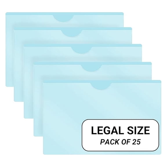 - 25 Pack, Vinyl Plastic Pocket File Folders Closed Sides, Legal Size, Clear Front Top Loading Job , Documents Holder for Office, High School and Medical Files, Light Blue