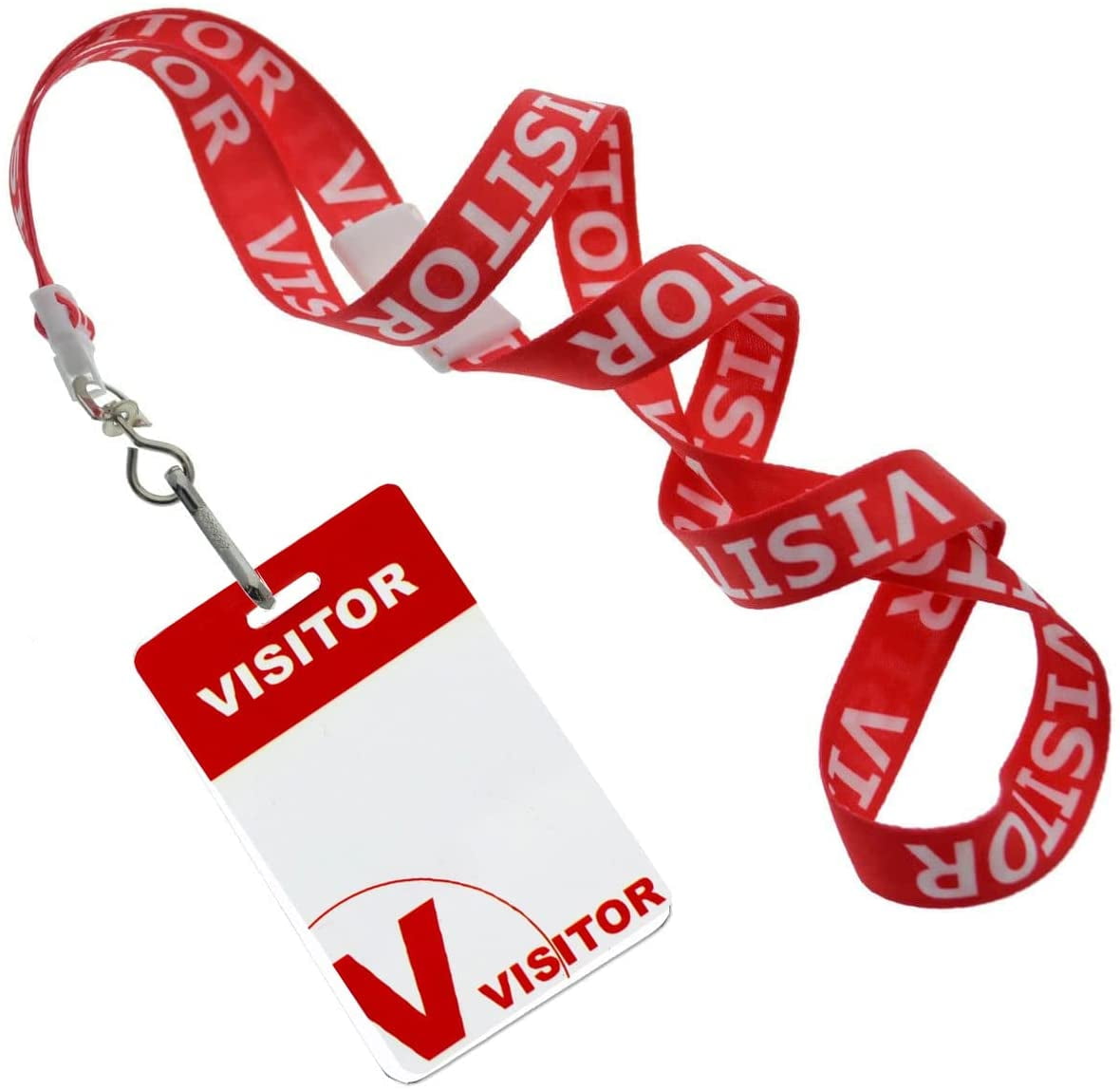 25 Pack - Visitor Badges with Lanyards - Heavy Duty Preprinted Visitor PVC Plastic Badge - Reusable & Dry Erase Writable - Red Breakaway Lanyard w/Swivel Clip - Guest Name Tag Holder - Specialist ID