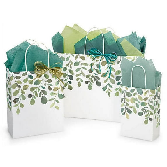 25 Pack, Watercolor Greenery Paper Shopping Bags, 10 Rose, 10 Cub and 5 Vogue, Made in USA