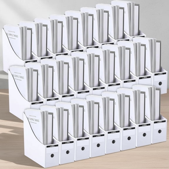 25-Pack White Cardboard Magazine File Holders, Large-Capacity Document Organizer Boxes, Foldable Book Bins for Shelves, Office or Home Use with 25 Bonus Labels