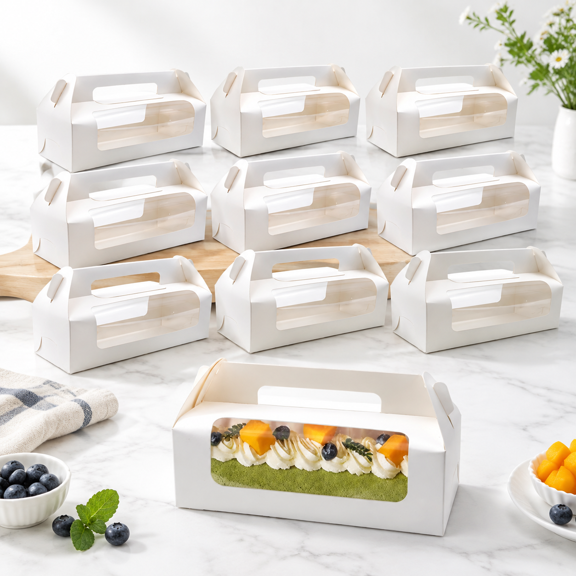 25-Pack White Large Window Gable Cake Boxes with Handle, Food-Grade Paper Containers for Bakery Gifts