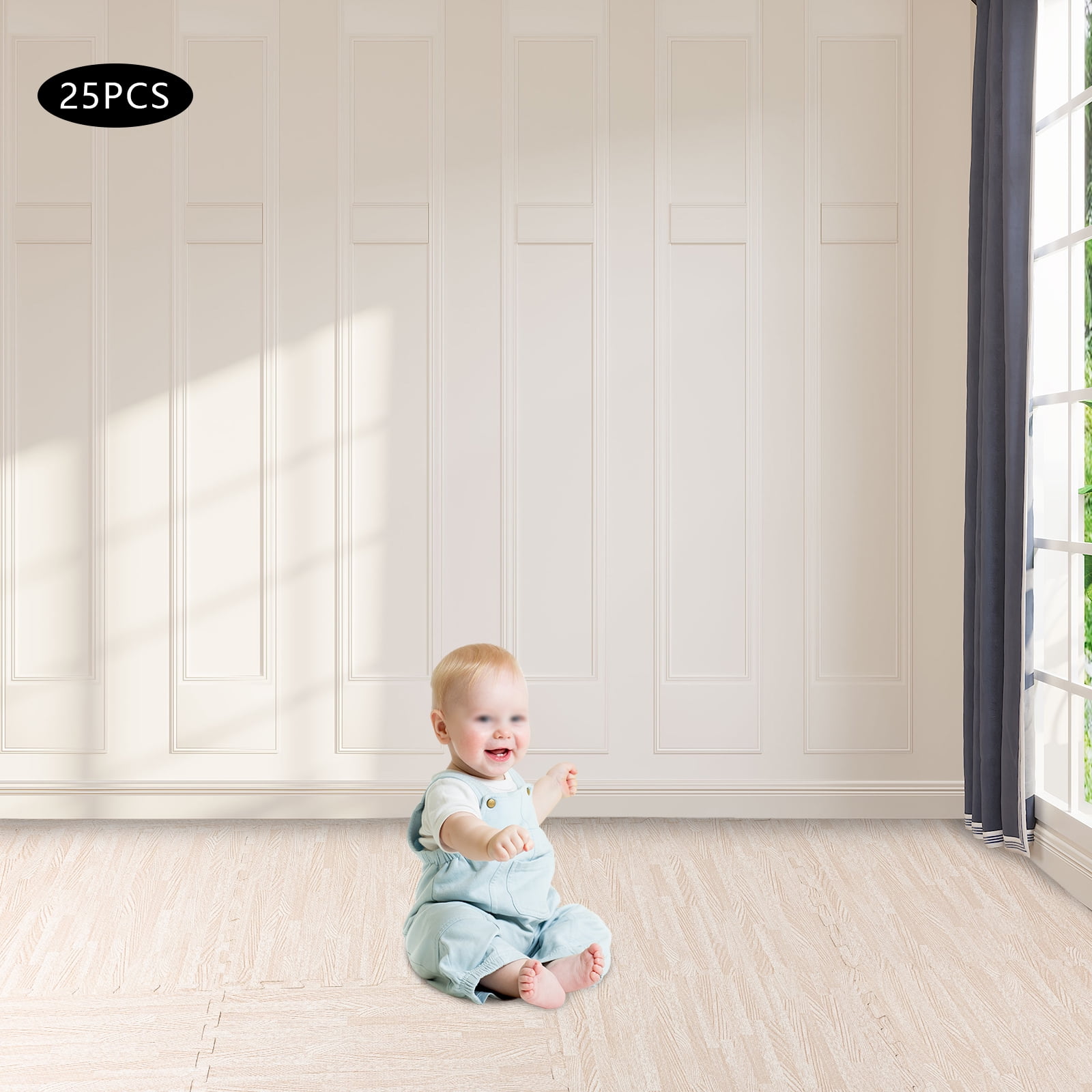 25-Pack White Wood Grain Foam Floor Mats 24x24 Inch Each EVA & PE Interlocking Tiles for Home Gym, Playroom