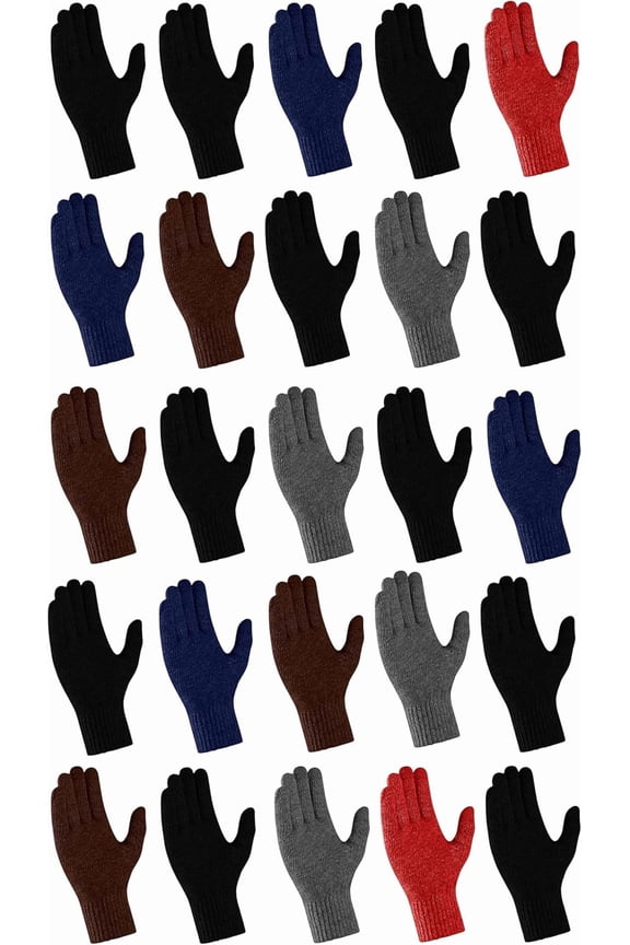 25 Pack Winter Gloves, Unisex Thermal Magic Glove Thick Knit Brushed Interior Bulk Bundle Assorted