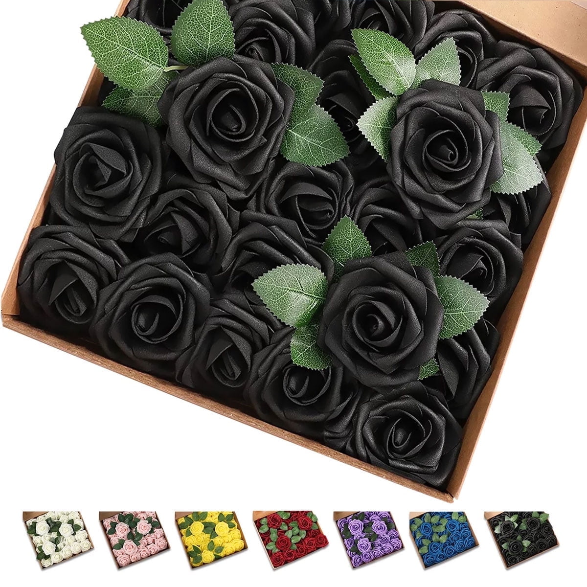 GLUAAE 25 Pack artificial foam roses with stems for wedding DIY bouquets, centerpieces, bridal showers, and home decoration (Black)