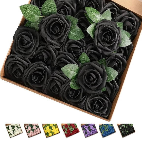 GLUAAE 25 Pack artificial foam roses with stems for wedding DIY bouquets, centerpieces, bridal showers, and home decoration (Black)