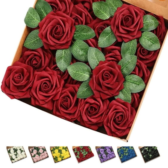 GLUAAE 25 Pack artificial foam roses with stems for wedding DIY bouquets, centerpieces, bridal showers, and home decoration (Dark Wine Red)