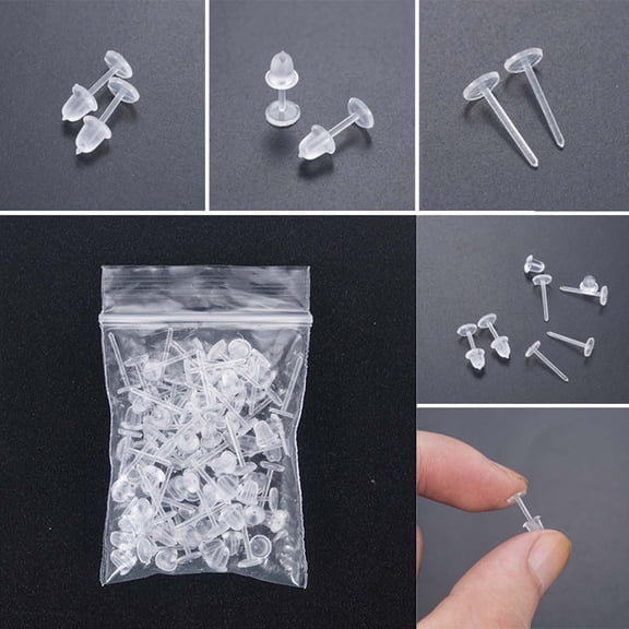 25 Pairs Clear Plastic Earring Posts and Rubber Backs - Secure Fasteners for Pierced Earrings, Approx 12mm Pins and 3mm Backs, Multipack for Jewelry