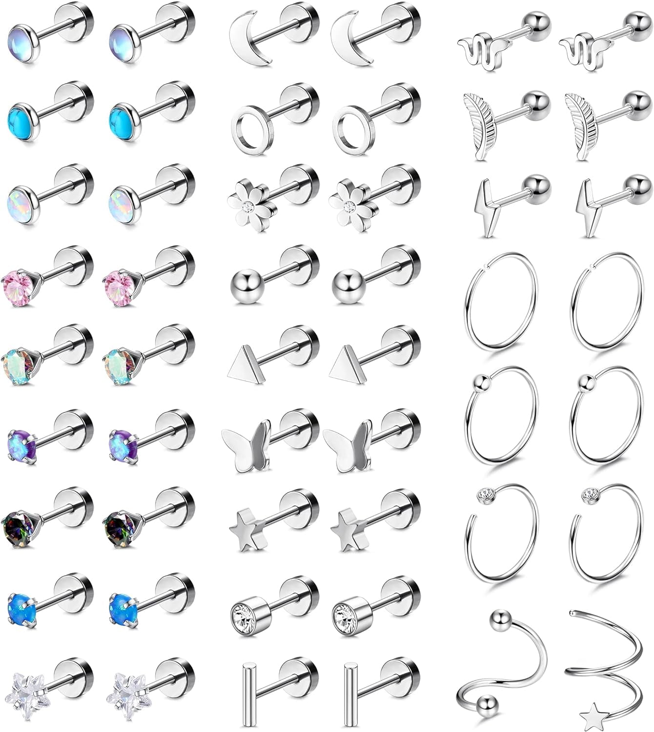 UMEHOME 25 Pairs Surgical Steel Stud Earrings For Women Multipack Cartilage Earring Opal Moonstone Turquoise Butterfly Flower Star Flat Back Earrings Silver[Z895]